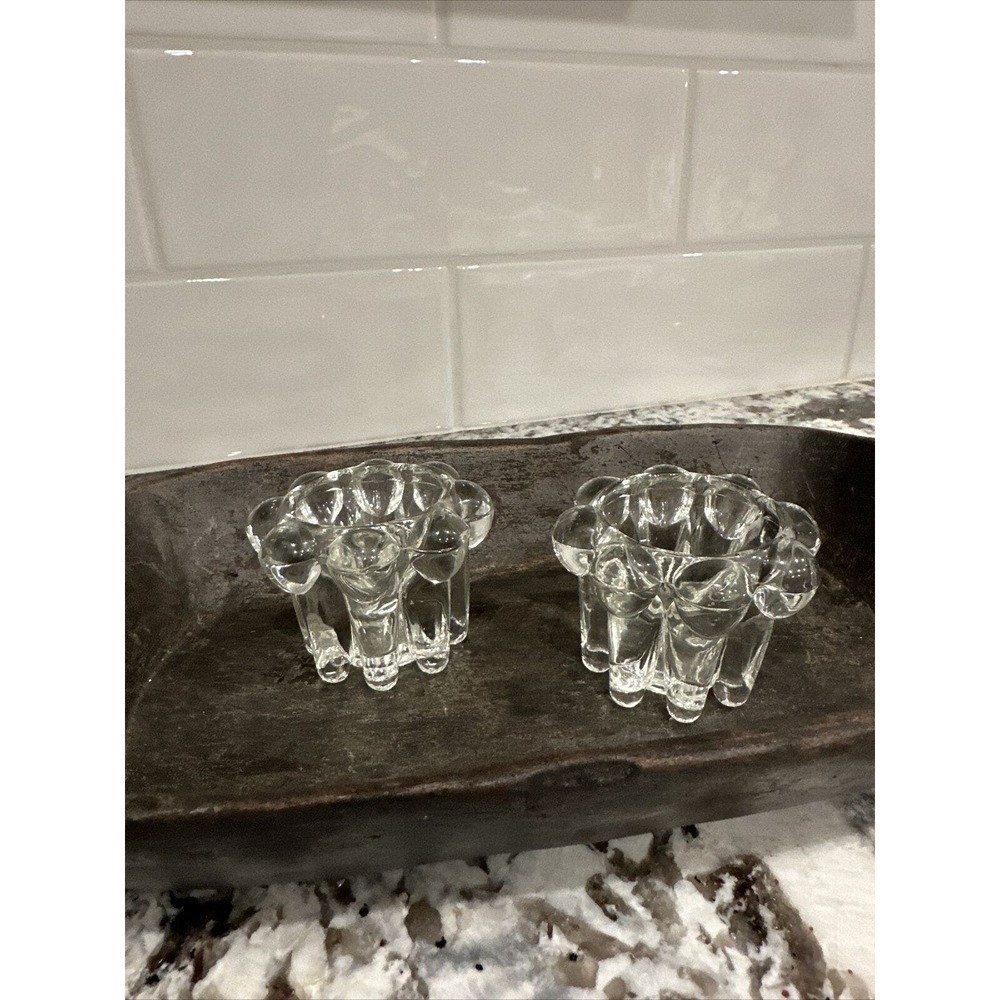 2 Vintage Clear Heavy Glass Brasil Flower Petal Shaped Candle Holders